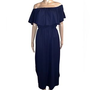 Thanth Off Shoulder Maxi Dress Ruffle Overlay Side Slits Navy XL